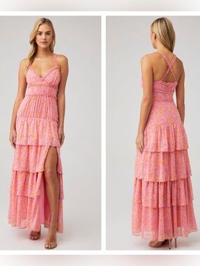 Likely Athena Pink Floral Tiered Maxi Dress with Crisscross Back. Size 10